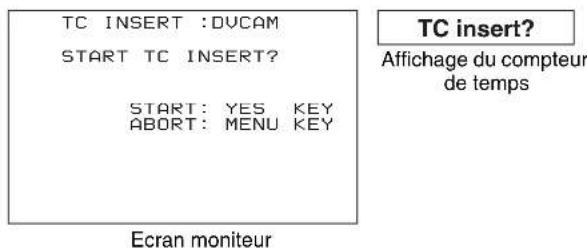 TC INSERT :DVCAM START TC INSERT? START: YES KEY ABORT: MENU KEY Ecran moniteur TC insert? Affichage du compteur de temps