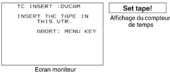 TC INSERT :OUCAM INSERT THE TAPE IN THIS VTR. ABORT: MENU KEY Set tape! Affichage du compteur de temps Ecran moniteur