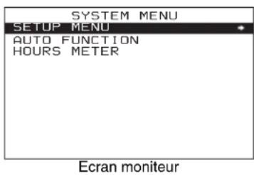 SYSTEM MENU SETUP MENU AUTO FUNCTION HOURS METER Ecran moniteur