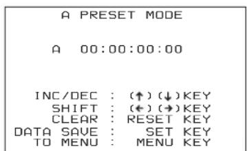 A PRESET MODE A 00:00:00:00 INC/DEC : (↑) (↓) KEY SHIFT : (←) (→) KEY CLEAR : RESET KEY DATA SAVE : SET KEY TO MENU : MENU KEY