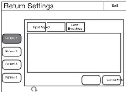 Return Settings Exit Input Aspect Letter Box Mode Return 1 Return 2 Return 3 Return 4 CancelButton