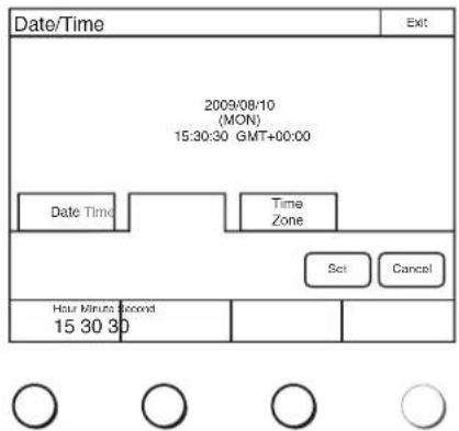 Date/Time Exit 2009/08/10 (MON) 15:30:30 GMT+00:00 Date Time Time Zone Set Cancel Hour Minutes Second 15 30 30