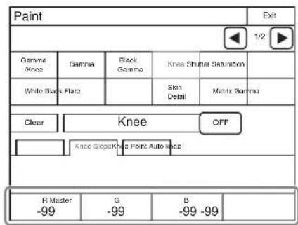 Paint Exit 1/2 Gamma Knee Black Gamma Knee Shutter Saturation White Black Flare Skin Detail Matic Gamma Clear Knee OFF Knee Stock -99 -99 Point Auto R Master -99 G -99 B -99 -99