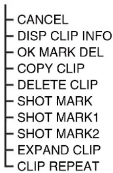 -CANCEL - DISP CLIP INFO - OK MARK DEL - COPY CLIP - DELETE CLIP - SHOT MARK - SHOT MARK1 - SHOT MARK2 - EXPAND CLIP - CLIP REPEAT