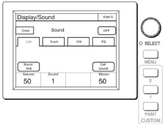 Display/Sound Extr15 Clear Sound OFF Call Touch SW RE Sound Test Call Sound Volume Sound Master 50 1 50 O SELECT MENU 2 1 PAINT CUSTOM