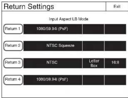 Return Settings Input Aspect LB Mode Return 1 1080/59.94i (PsF) Return 2 NTSC Squeeze Return 3 NTSC Letter Box 16:8 Return 4 1080/59.94i (PsF)