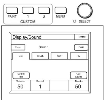 PAINT 1 2 MENU CUSTOM SELECT Display/Sound Exit/5 Clear Sound OFF Call Touch SW RE Sound Test Cell Sound Volume Sound Master 50 1 50