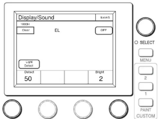 Display/Sound 100DH Clear EL OFF Light Detect Detect 50 Bright 2 O SELECT MENU 2 1 PAINT CUSTOM