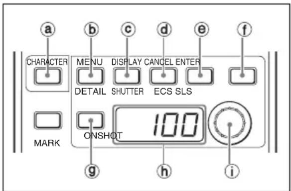 a b c d e f CHARACTER MENU DISPLAY CANCEL ENTER DETAIL SHUTTER ECS SLS MARK ONSHOT 100 g h i