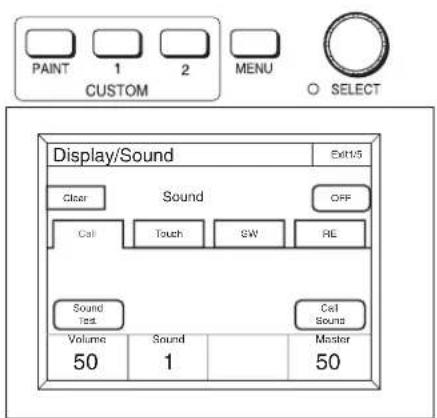 PAINT 1 2 MENU CUSTOM SELECT Display/Sound Exit/5 Clear Sound OFF Call Touch SW RE Sound Test Cell Sound Volume Sound Master 50 1 50