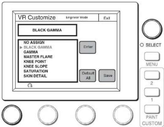 VR Customize Engineer Mode Exit BLACK GAMMA NO ASSIGN BLACK GAMMA GAMMA MASTER FLARE KNEE POINT KNEE SLOPE SATURATION SKIN DETAIL Enter Default All Save O SELECT MENU 2 1 PAINT CUSTOM