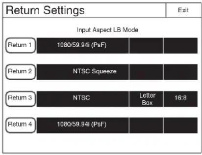 Return Settings Input Aspect LB Mode Return 1 1080/59.94i (PsF) Return 2 NTSC Squeeze Return 3 NTSC Letter Box 16:8 Return 4 1080/59.94i (PsF)
