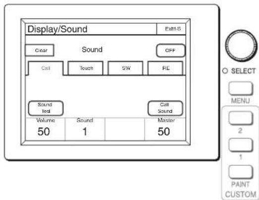 Display/Sound Ex11-5 Clear Sound OFF Call Touch SW RE Sound Test Call Sound Volume Sound Master 50 1 50 O SELECT MENU 2 1 PAINT CUSTOM