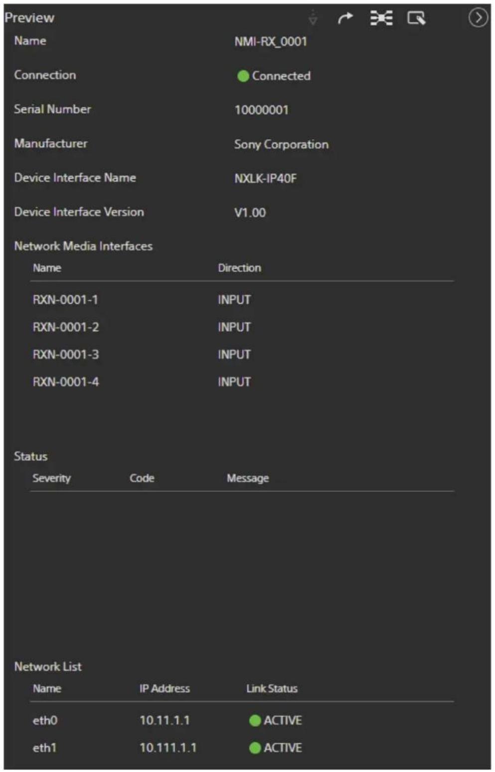 SONY PWS-110NM1 - Vérification des informations d'interface de source / de destination et des informations de réglage sur le panneau Preview - 1
