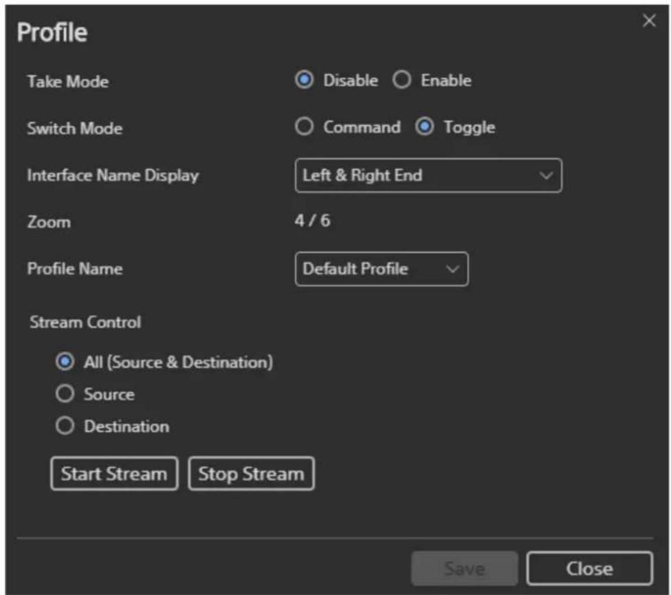 Profile Take Mode Disable Enable Switch Mode Command Toggle Interface Name Display Left & Right End Zoom 4 / 6 Profile Name Default Profile Stream Control All (Source & Destination) Source Destination Start Stream Stop Stream Save Close