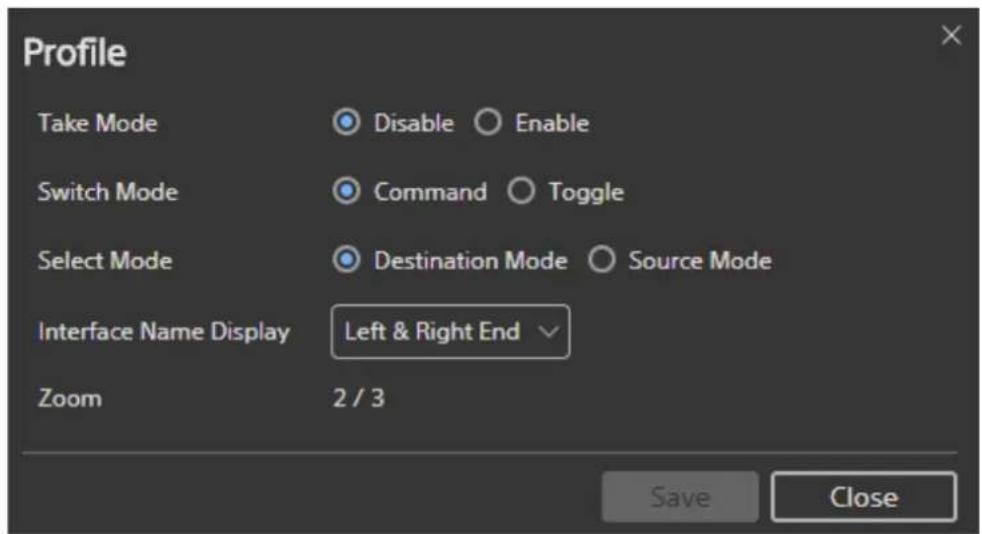 Profile Take Mode Disable Enable Switch Mode Command Toggle Select Mode Destination Mode Source Mode Interface Name Display Left & Right End Zoom 2 / 3 Save Close