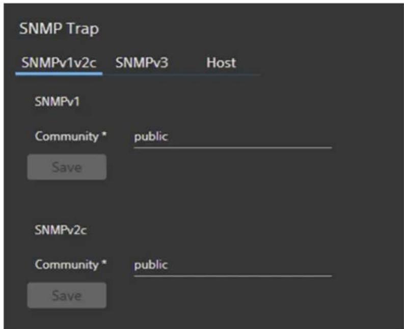 SNMP Trap SNMPv1v2c SNMPv3 Host SNMPv1 Community * public ____ Save SNMPv2c Community * public ____ Save