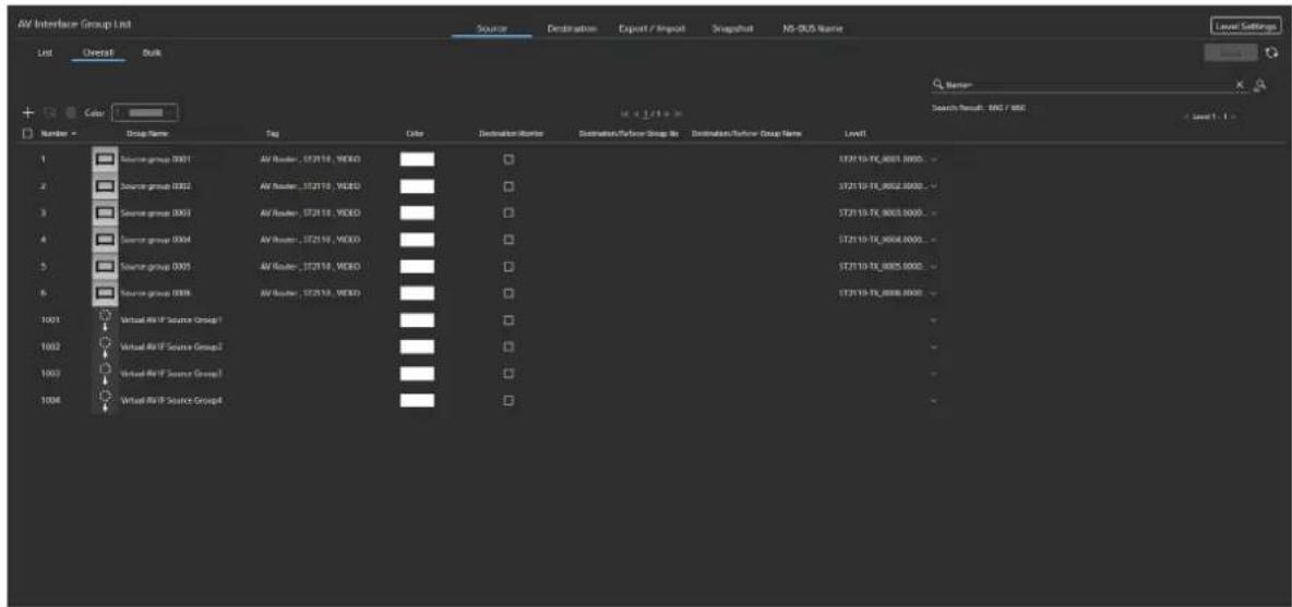 AV Interface Group List Source Destination Export / Import Snapshot MS-9.05 Name List Overall Bulk Number Drop Name Tag Color Destination/Marker Destination/Refine Group No Destination/Refine Group Name Level 1 Source group 0001 AV Router: ST2119, WEXO 2 Source group 0002 AV Router: ST2119, WEXO 3 Source group 0003 AV Router: ST2119, WEXO 4 Source group 0004 AV Router: ST2119, WEXO 5 Source group 0005 AV Router: ST2119, WEXO 6 Source group 0006 AV Router: ST2119, WEXO 1001 Virtual NAVI Source Group1 1002 Virtual NAVI Source Group2 1003 Virtual NAVI Source Group3 1004 Virtual NAVI Source Group4 Source Result: WEC / WEC Search Result: WEC / WEC Level Settings Name Search Result: WEC / WEC Level 1 - 1