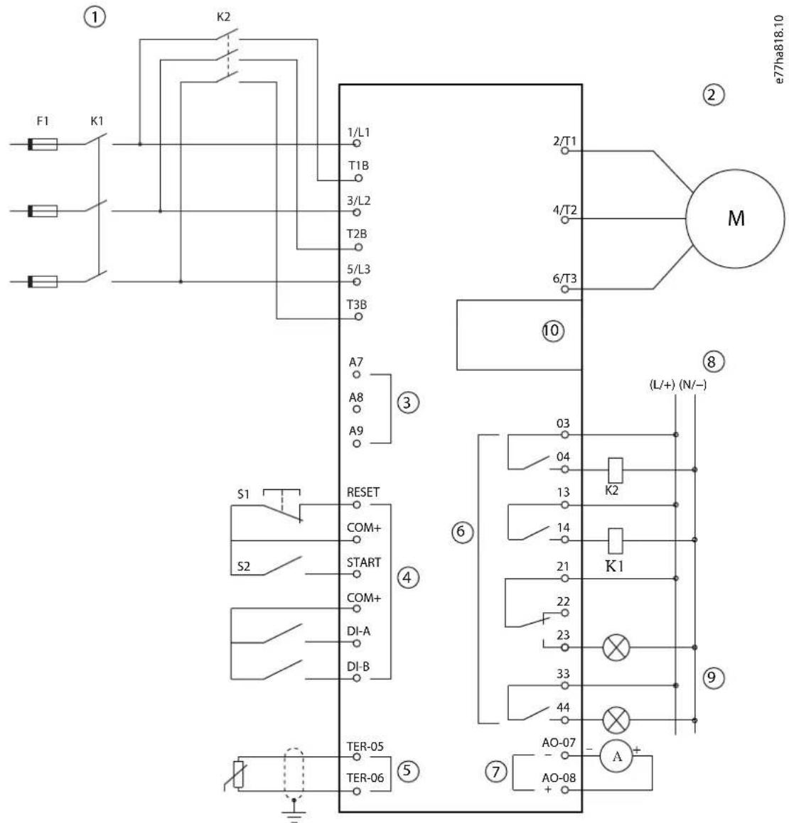 F1 K1 K2 1/L1 T1B 3/L2 T2B 5/L3 T3B A7 A8 A9 ③ S1 RESET COM+ START COM+ DI-A DI-B ④ TER-05 TER-06 ⑤ 2/T1 4/T2 6/T3 M ⑥ 03 04 13 14 21 22 23 33 44 ⑦ AO-07 - AO-08 + A + (e77ha818.10) ⑧ (L/+) (N/-)