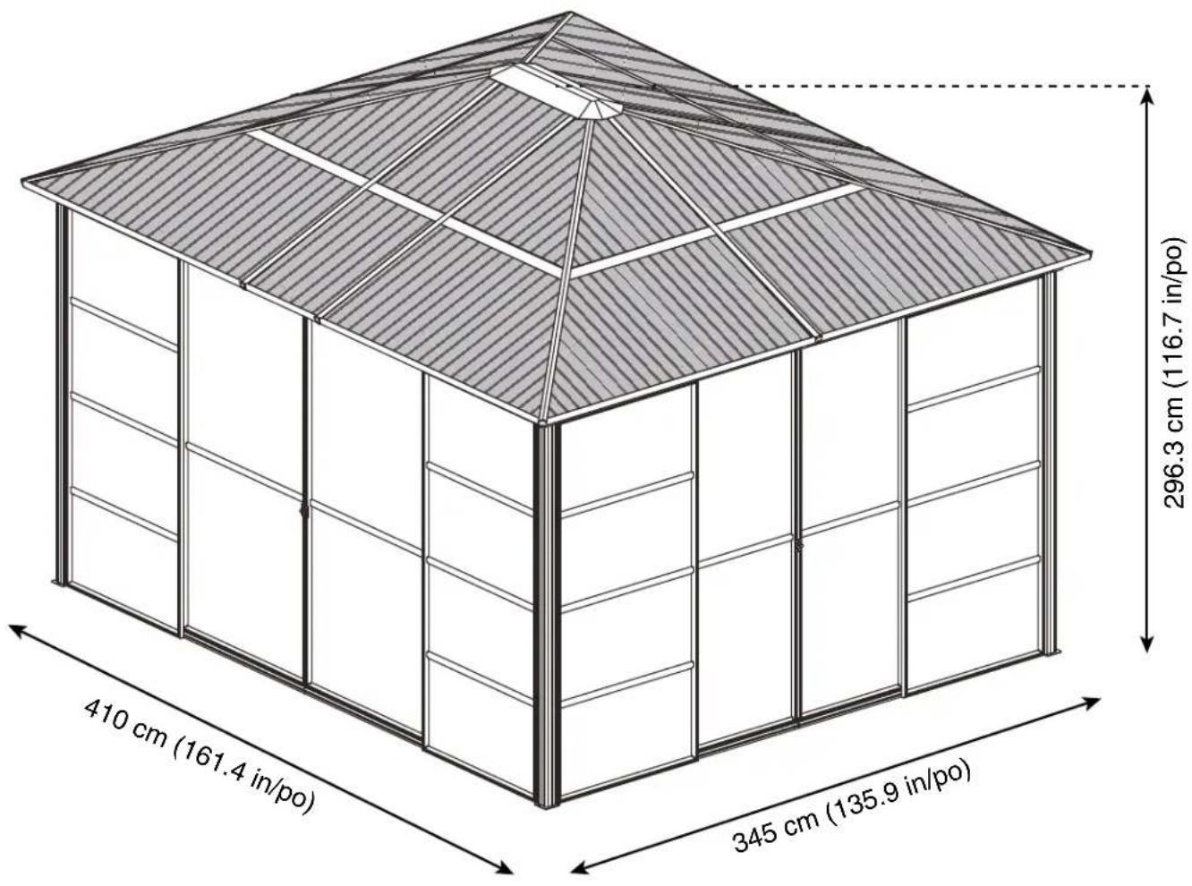 410 cm (161.4 in/po) 345 cm (135.9 in/po) 296.3 cm (116.7 in/po)
