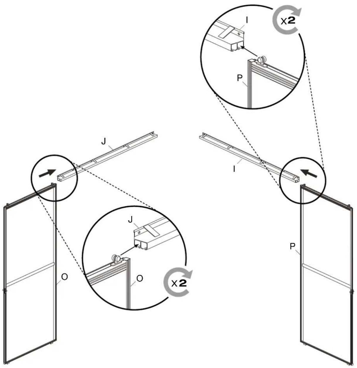 Technical diagram illustrating mechanical assembly with labeled components and rotational motion indicators (x2)