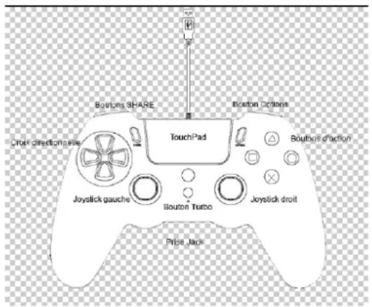 Bouttons SHARE Boutton Buttons TouchPad Boutbus d'action Circuit directionnelle Joystick gauche Bouton Turbo Joystick droit Pride Jack