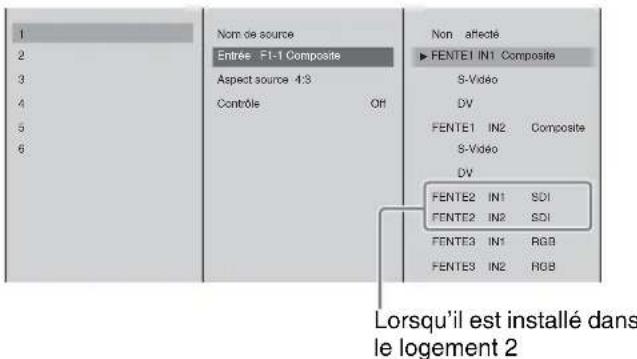 1 2 3 4 5 6 Nom de source Entrée - F1-1 Composite Aspect source 4:3 Contrôle Off Non affecté ► FENTE1 IN1 Composite S-Video DV FENTE1 IN2 Composite S-Video DV FENTE2 IN1 SDI FENTE2 IN2 SDI FENTE3 IN1 RGB FENTE3 IN2 RGB Lorsqu'il est installé dans le logement 2