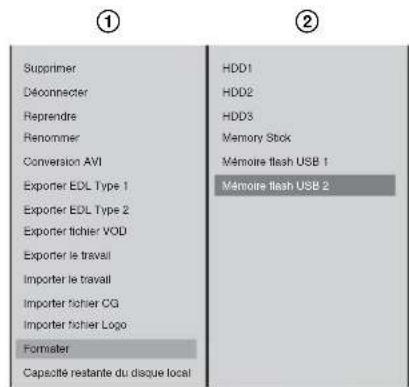 Supprimer Déconnecter Reprendre Renommer Conversion AVI Exporter EDL Type 1 Exporter EDL Type 2 Exporter fichier VOD Exporter le travail Importer le travail Importer fichier CG Importer fichier Logo Formater Capacité restante du disque local HDD1 HDD2 HDD3 Memory Stock Mémoire flash USB 1 Mémoire flash USB 2