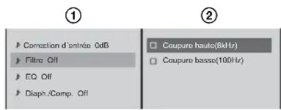 ① Correction d'entrée 0dB Filtrà Off EQ Off Diapha/Comp. Off ② Caupure haute(8kHz) Caupure basse(100Hz)
