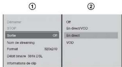 Démarrer STOP Sortie Nom de streaming Format 320x2/10 Débit binaire 384k DSL Informatona de clip Off En direct:VOD En direct: VOD