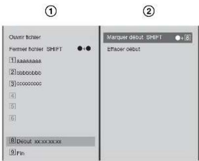 Ouver fichler Fermer fichler SHIFT 1 saaaaaaa 2 obbbobbe 3 jcccccccc 4 5 6 8 Deut jcccccccc 9 Fin Marquer debut SHIFT ●+8 Effacer debut