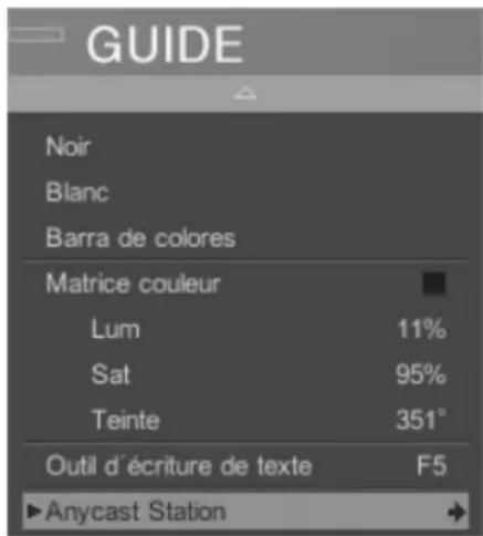 GUIDE Noir Blanc Barra de colores Matrice couleur Lum 11% Sat 95% Teinte 351" Outil d'écriture de texte F5 ►Anycast Station