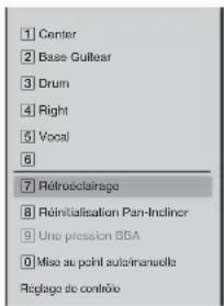 1 Center 2 Base Guitar 3 Drum 4 Right 5 Vocal 6 7 Rétroéclairage 8 Réinitialisation Pan-Indincer 9 Une pression BBA 10 Miso au point auto-manuelle 11 Replage de contrôle