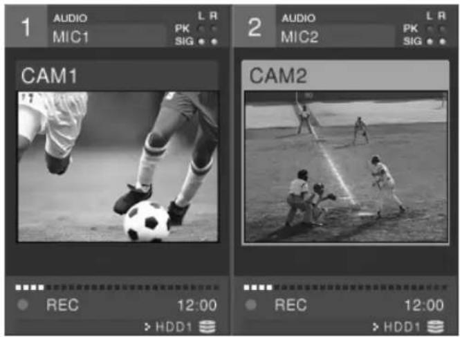 1 AUDIO L R MIC1 PK SIG CAM1 2 AUDIO L R MIC2 PK SIG CAM2 REC 12:00 > HDD1 REC 12:00 > HDD1