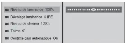 Niveau de luminance 100% Décalage luminance 0 IRE Niveau de chroma 100% Teinte 0" Contrôle gain automatique On