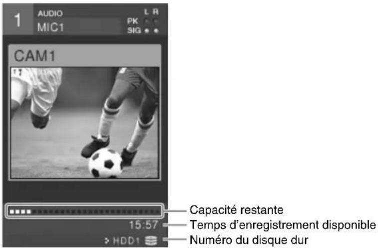 AUDIO MIC1 L R PK SIG CAM1 Capacité restante Temps d'enregistrement disponible 15:57 HDD1 Numéro du disque dur
