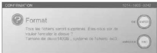 CONFORMATION 1014-1608-3242 ? Format Tous les fichiers seront suprétres. Éles-vous par de lavalor formator le disque ? Tamaïe de disco:140/05, système de fichiens ac3 OK ENTERT ANNUER BXC