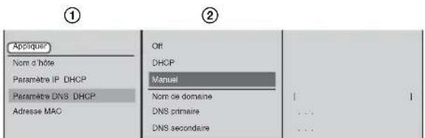 ① Appiquer Nom d'hôte Paramètre IP DHCP Paramètre DNS DHCP Adresse MAC Off DHCP Manual Nom de domaine DNS primaire DNS secondaire [ ]