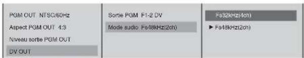 PGM OUT NTSC/60Hz Aspect PGM OUT 4:3 Niveau sortie PGM OUT DV OUT Sortie PGM F1-2 DV Mode audio Fis/8kHz(2ch) Fs32kHz(2ch) Fs48kHz(2ch)