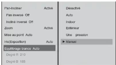 Pan-Incliner Active Désactivé Pan Inversé Off Auto Incliné Inversé Off Indoor Zoom Active Exterieur Mise au point Auto Une presation Info(Exposition) Auto ► Manuel Equilibrage bianca Auto Degré R 210 Degré B 155
