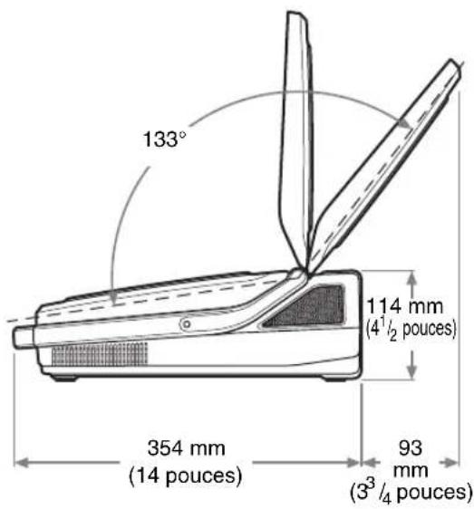 133° 114 mm (4¹/₂ pouces) 354 mm (14 pouces) 93 mm (3³/₄ pouces)