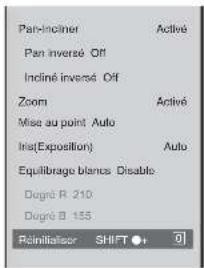 Pan-Incliner Pan Inversé Off Incliné Inversé Off Zoom Mise au point Auto Ins(Exposition) Equilibrage blancs Disable Degré R 210 Degré B 155 Réalisisser SHIFT ●