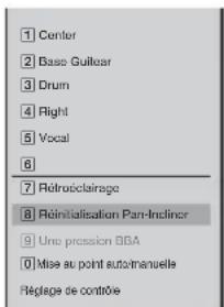 1 Center 2 Base Guitar 3 Drum 4 Right 5 Vocal 6 7 Rétroïclairage 8 Réinitialisation Pan-Indincer 9 Une pression BBA 10 Mise au point automobile Réplage de contrôle