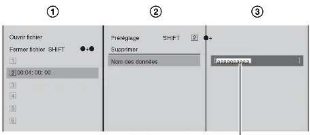 Ouvir fichier Fermer fichier SHIFT 1 2)00:04:00:00 3 4 5 6 Prénéglage SHIFT 2 Supprimer Nom des données Importement 1