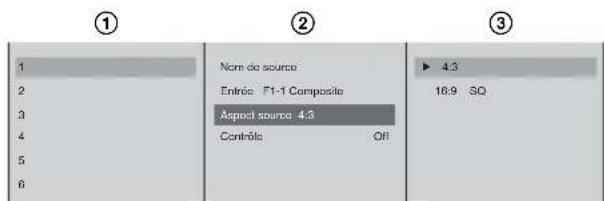 ① ② ③ 1 2 3 4 5 6 Nom do source Entrée: F1-1 Composito Aspect source 4.3 Contrôle Off ► 4.3 18.9 SQ