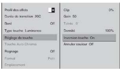Profil des effets Duris de transition 20C Bord Off Type touche Luminance Réglage de touche Touche Auto Chama Rcignage Off Format Patin Emploiement Clip Gain 50 Taille 0° Densité 100% Inversion touche On Annuler couleur Off