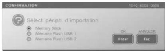 CONFIRMATION 1040-8005-0390 Select périph. d'importation ● Memory Stick ○ Memore Flash USB 1 ○ Memore Flash USB 2 On ANNULER Enter Esc