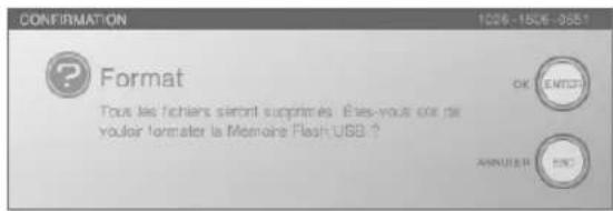 CONFORMATION 1226-1506 - 0551 ? Format Tous les fichiers seront suprimes. Eves-vous qui ne vouloir fontaler la Memoire Flash USB ? OK ENTERT ANNUEER PNC
