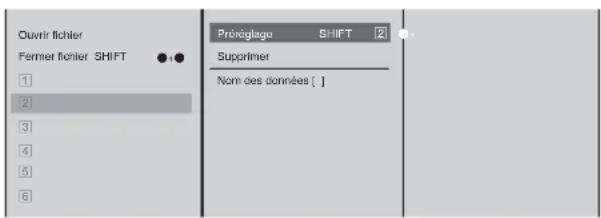 Ouvir lichler Fermer lichler SHIFT 1 2 3 4 5 6 Préoglage SHIFT 2 Supprimer Nom des données [ ]