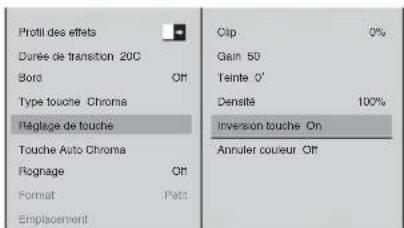 Profil des effets Durée de transition 20C Bord Off Type touche Chroma Réglage de touche Touche Auto Chroma Rognage Off Format Pact Emplacement Clip Gain 50 Teinte 0' Densité 100% Inversion touche On Annuler couleur Off